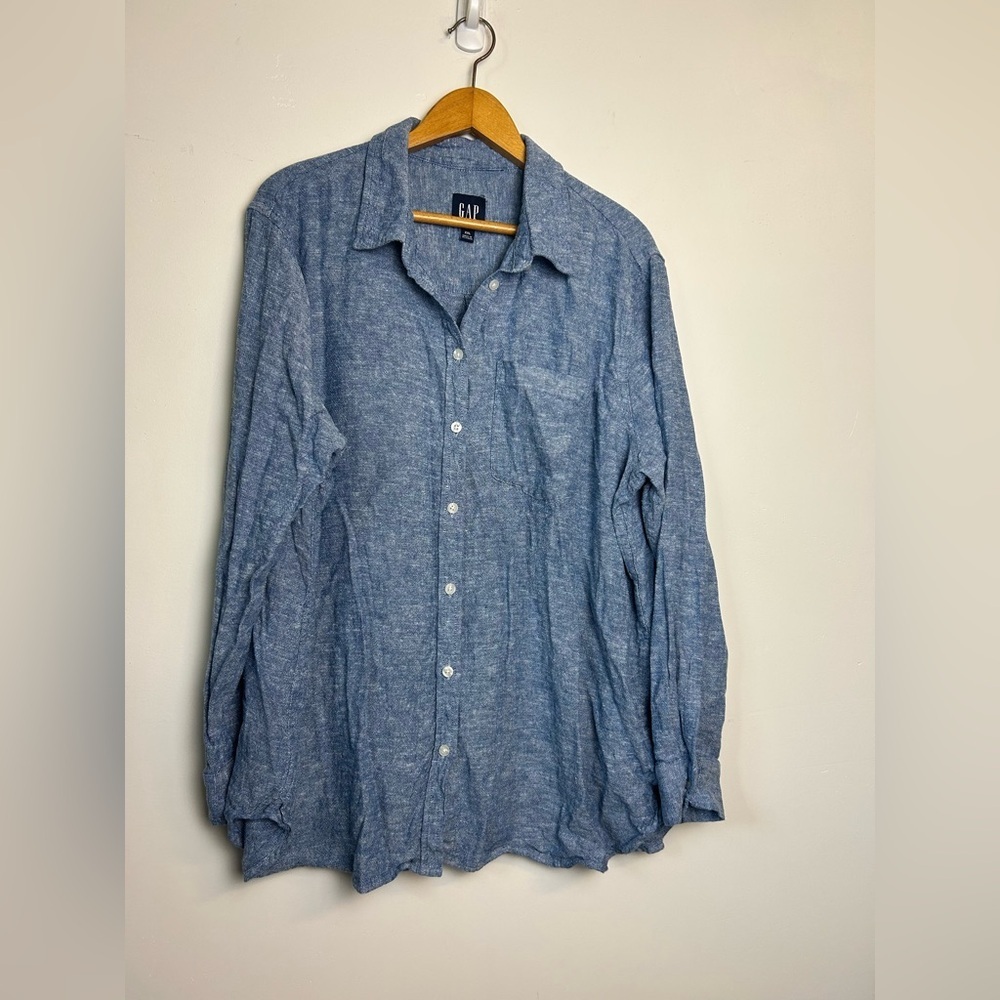 Gap Linen Blue Button Down Blouse Plus Size XXL Old Money Comfortable Breathable